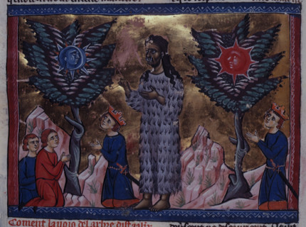 Alexander the Great standing before the oracles of the two trees sacred to the Sun and the Moon,