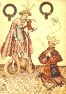 William Bruges kneeling before St George and the dragon, c1430- c1440. Portrait of Sir William