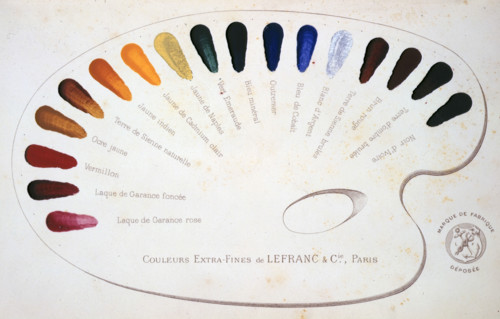 A paint palette, 1891. Samples of Lefranc & Company's oil paints, painted onto a printed diagram.