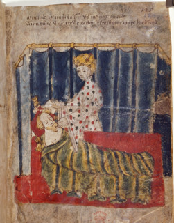 The wife of the Green Knight secretly visits Sir Gawain in his bedchamber, c1400-1410. From Sir