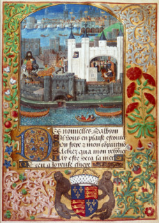 The Tower of London with London Bridge, c1500. Charles, Duke of Orleans can be seen writing inside