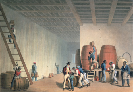 Interior of distillery with slaves loading rum barrels, Antigua,1823. Within a spacious cellar