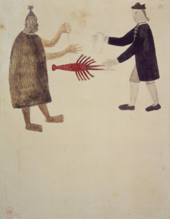 A Maori bartering a crayfish with an English naval officer. 1769. A man with facial tattoos and