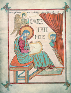 St Matthew, c700. St Matthew writes in a book; another man peers out from behind a curtain, while