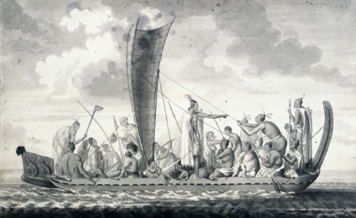 A New Zealand war canoe with sail, 1768-1780. A Maori war canoe with its crew, one of whom holds a