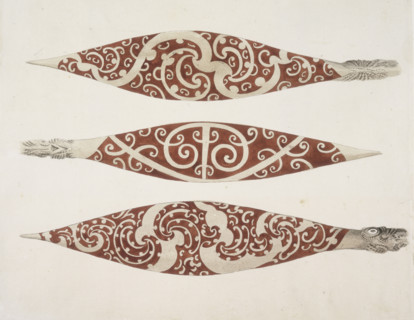 Three painted paddle blades, c1768-c1780. From "A collection of Drawings by A Buchan, S Parkinson,