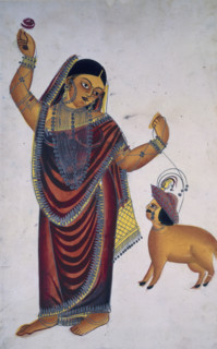 The sheep lover, 1865. An Indian courtesan wearing a sari and jewellery holds a rose in one hand