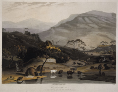 'A Kaffer Village', South Africa, 1804. African village beside a river with huts and livestock.