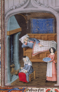 Tobit, blind in bed, attended by two women, c1479. Set in a cosy interior, one of the women sits by