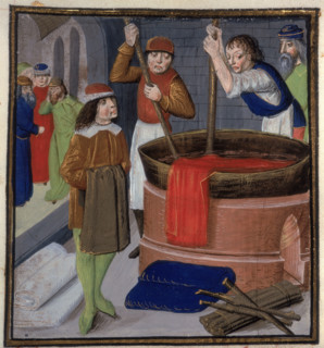 Dyers soaking red cloth in a heated barrel, 1482. Men stirring a vat of dye over a fire. From "Le