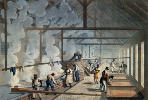 Slaves working in the boiling house, Antigua, 1823. African slaves working in a factory; probably a