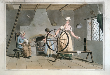 Women Spinning and Carding Wool, 1814. Within a humble interior are three women, two working with