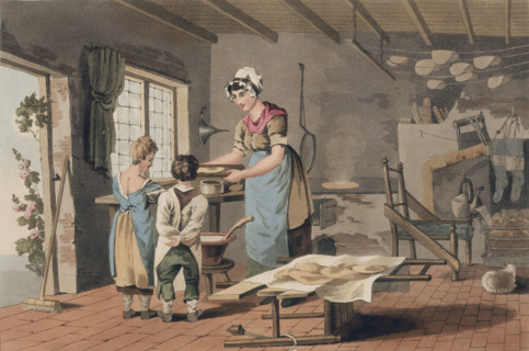 A woman making oat cakes, 1814. Interior of a kitchen or bakery with a woman and two children. Oat