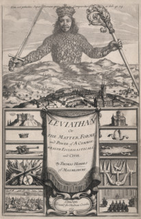 Title page to Leviathan, 1651. Huge mythological crowned figure with body made of people, weilding