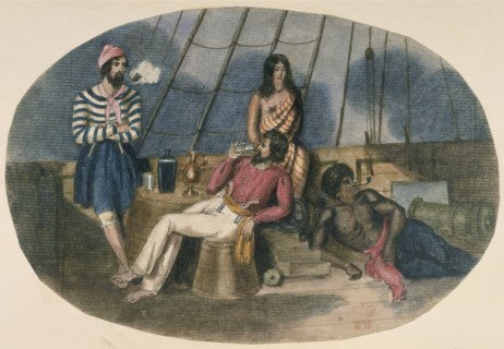Sailors and Maoris on the deck of a ship, c1850. Two sailors, both rather piratically attired, on