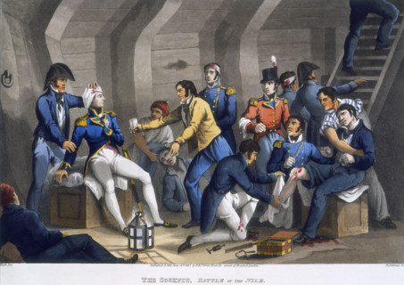 'The Cockpit, Battle of the Nile', 1819. Scene on board ship; Nelson and others have been wounded