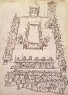 Trial of Mary, Queen of Scots in the Great Chamber at Fotheringhay castle, 14-15 Oct 1586. Mary's