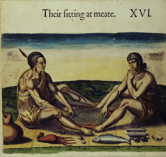 Native Americans preparing food, 1618. Two Native Americans "sitting at meate", with food including