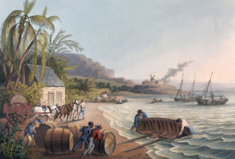 Slaves loading sugar hogsheads onto a boat, 1823. From "Ten Views in the Island of Antigua, in