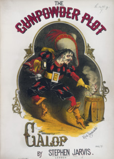 'The Gunpowder Plot Galop', 1866. A music cover illustration depicting Guy Fawkes, the conspirator,