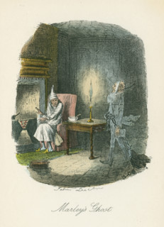 Scene from "A Christmas Carol" by Charles Dickens, 1843. The irascible, curmudgeonly Ebenezer