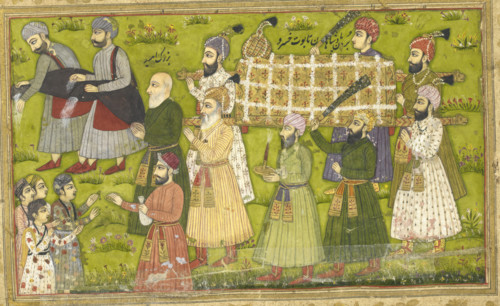 Buzurjumid leading the funeral procession accompanied by water-sprinklers and men giving coins to
