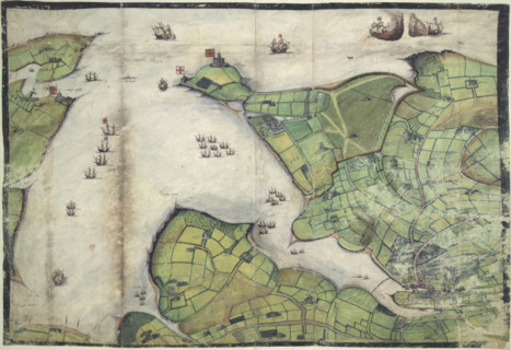 Coloured manuscript plan of Falmouth Haven, or Harbour, 1579. From Lord Burghley's Atlas.