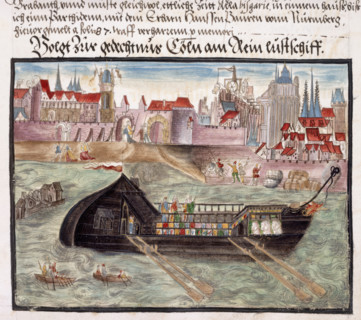 A pleasure boat on the River Rhine at Cologne, 1560-1632.. From Memoirs Biographical Notes and