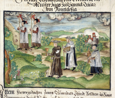 Priests and monks carrying banners, chalice, service books and monstrance; part of the preparations