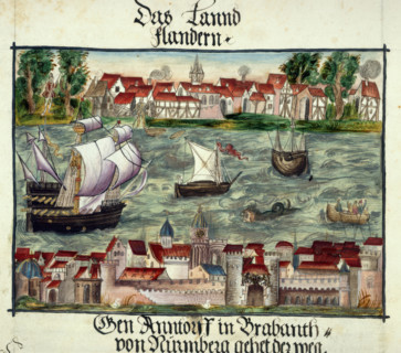 Representation of Jerome Coelers journey from Nuremberg to Antwerp, showing both towns with ships