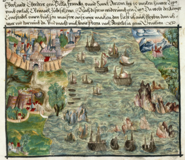 View of Lisbon, with ships tossed about in the treacherous waters of the inlet, 1560-1632. From
