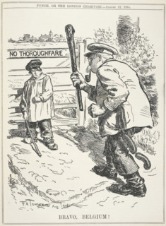 Bravo, Belgium!, 1914. Political cartoon showing a Belgian farmer standing up to the German