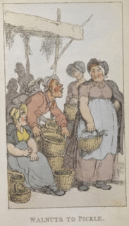 'Walnuts to pickle', 1820. Street traders selling pickled walnuts. From Rowlandsons Characteristic