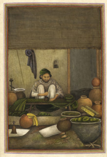 Chipi (or chimba), a cloth printer, printing green cloth with a red geometric design, 1825. From