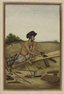 Khati or Tarkhan, carpenter caste of the Panjab - Man sawing a plank, 1825 . From Tashrih Al Aqvam