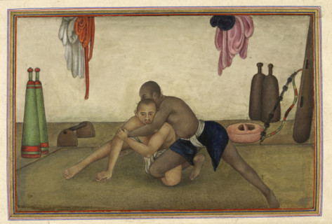 Two men wrestling, 1825. From Tashrih Al Aqvam An Account Of Origins And Occupations Of Some Of The