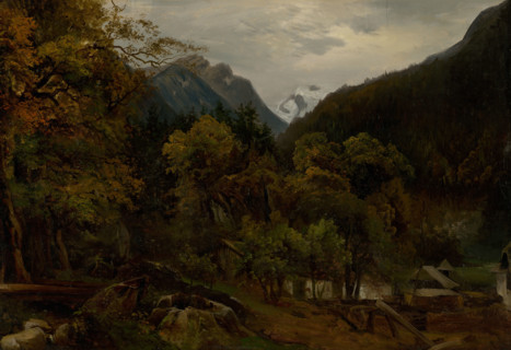 Mountain landscape with wooden huts, c1860.