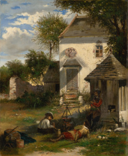Soldiers camping in a nobleman's yard, scene from the Thirty Years' War, 1871. War in Central