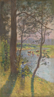 Landscape with cattle drinking at a river, c1900.