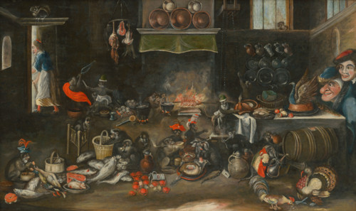 Monkeys in the Kitchen, 1620-1640. Monkeys eating, drinking, playing, smoking, and helping