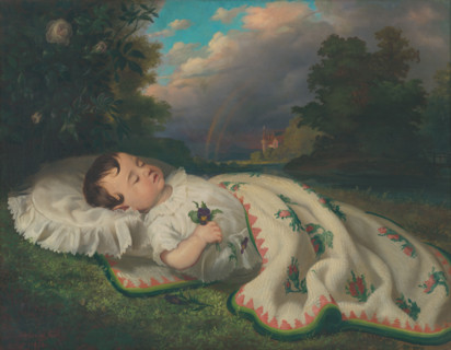 Child in the countryside, 1860. A baby clutching a pansy lies sleeping under a blanket. In the