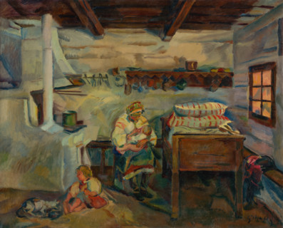 Interior, Zdiar, c1934. Mother breastfeeding her baby while an older child plays near the stove.