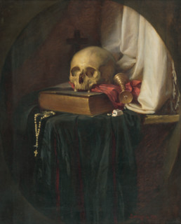 Still life with a skull and a book, 1860. Bible and rosary beads with symbols of mortality: a