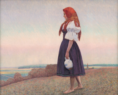 Girl with a jug, c1920-1929. Young woman in traditional costume: red headscarf, blouse under a