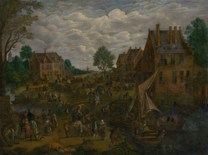 Dutch Market, 1750-1800. Busy scene with cows, pigs and sheep for sale, people arriving by boat