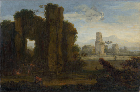 Romantic landscape, 1650-1700. People lighting a fire in the shelter or an overgrown ruin.