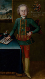 Marek Horvath-Stancic aged six, c1750. Boy wearing a military uniform with gold frogging, and