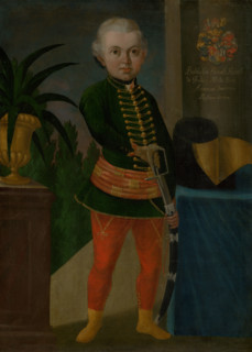Baltazár Horváth-Stancic aged two years and ten months, c1750. Boy in military uniform preparing to