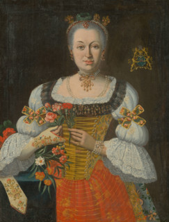 Johanna Zuzana Horváth-Stanithová, c1750. Wealthy woman wearing pearl hair decorations, a pearl