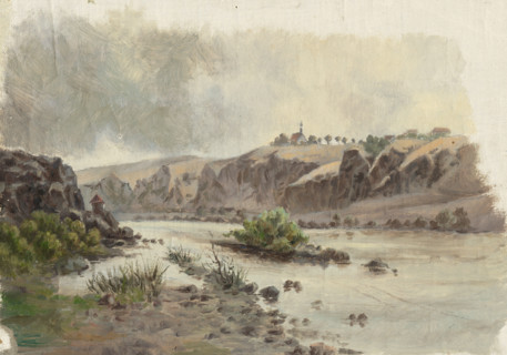 Church on a bank above a river, 1860-1900.